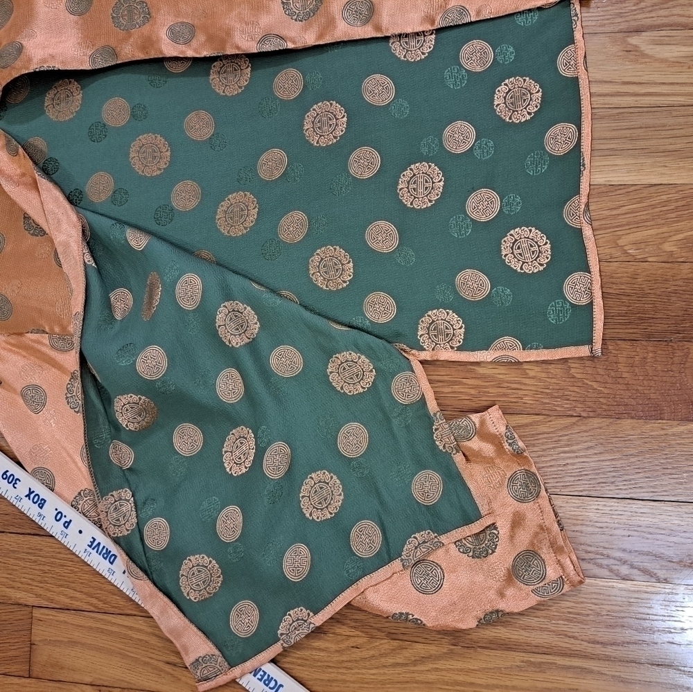 Vtg Silk Large Orange Metalic Green Medallion Open Front Jacket Kimono Asian Nic - Picture 4 of 10